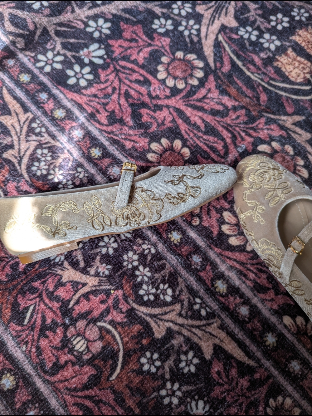 Embroidered Mary Jane Flats in Metallic Champagne - Picture 3 of 3